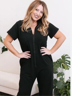 Smash + Tess Black Short-Sleeve Zip Jumpsuit, S